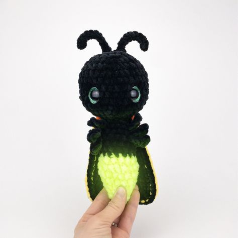 PLEASE NOTE: THIS PURCHASE IS ONLY FOR A DIGITAL CROCHET PATTERN, NOT THE FINISHED ANIMAL Create your own no-sew plush firefly in under 2 hours! And for a super fun addition, use plush GLOW IN THE DARK yarn* for the body! This easy-to-follow pattern includes one PDF file with detailed instructions, progress pictures, and video tips on how to crochet and assemble all the parts to make this no-sew firefly. The following crochet stitches are used in this pattern: chain, single crochet, single croch Glow In The Dark Yarn, Lightning Bug, Diy Glow, Single Crochet Decrease, Video Tips, Crochet Decrease, Crochet Shop, Lion Brand Yarn, Crochet Animal Patterns