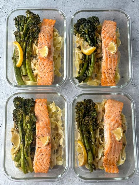 sheet pan dinner with salmon pasta broccolini and capers Salmon With Capers, Broccolini Pasta, Pasta Meal Prep, Sheet Pan Salmon, Salmon Meal Prep, Pan Salmon, Salmon Marinade, Meal Prep On Fleek, Easy Salmon Recipes