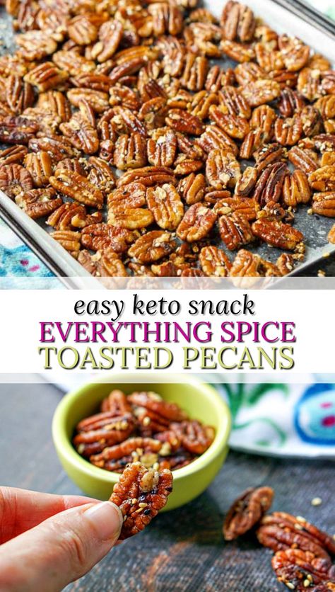 If you love everything spice bagels or pretzels, these low carb everything spice pecans are the perfect keto substitute . It only uses 3 ingredients and about 5-10 minutes to make. Makes a deliciously easy keto snack and 1 serving has only 1g net carbs! #glutenfree #pretzelsubstitute #pecans #everythingspice #lowcarbrecipe #ketosnack #healthysnack #easyrecipe Spiced Pecans, Keto Snack, Pecan Recipes, Low Carb Breakfast Recipes, Low Carb Diet Recipes, Healthy Low Carb Recipes, Keto Cookies, Low Carb Meals Easy, Everything Bagel