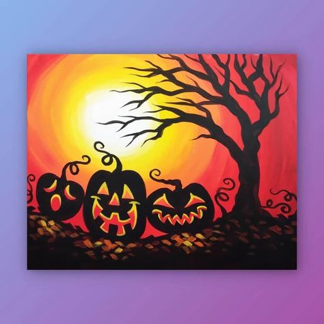 Halloween paintings that you can create! Jack O Lantern Painting On Canvas, Jack O Lantern Painting, Halloween Mosaic, Holiday Paintings, Halloween Canvas Paintings, Canvas Party, Halloween Canvas Art, Lantern Painting, Halloween Tricks