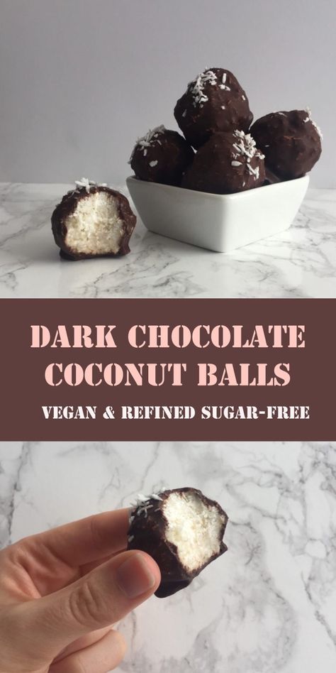 Chocolate Coconut Balls, Gf Snacks, Dark Chocolate Desserts, Dark Chocolate Coconut, Patisserie Vegan, Dark Chocolate Recipes, Healthy Dark Chocolate, Coconut Bites, Coconut Balls