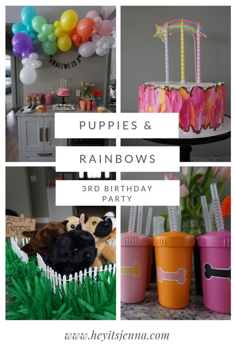 We threw Addy a puppies and rainbow party for her third birthday, complete with a puppy adoption activity and a rainbow balloon garland. Pin this to your party boards for reference, and head to the post for more photos! #rainbowparty #puppyparty #puppyadoption #adoptapuppy #wiltoncake #wilton #balloonarch #balloongarland #replayrecycled #rainbowthemedparty #3rdbirthday Rainbow Puppy Birthday Party, Adopt A Puppy Party, Rainbow Balloon Garland, Party Boards, Adopt A Puppy, Rainbow Balloon Arch, Hot Dog Bar, Puppy Birthday Parties, Rainbow Theme Party