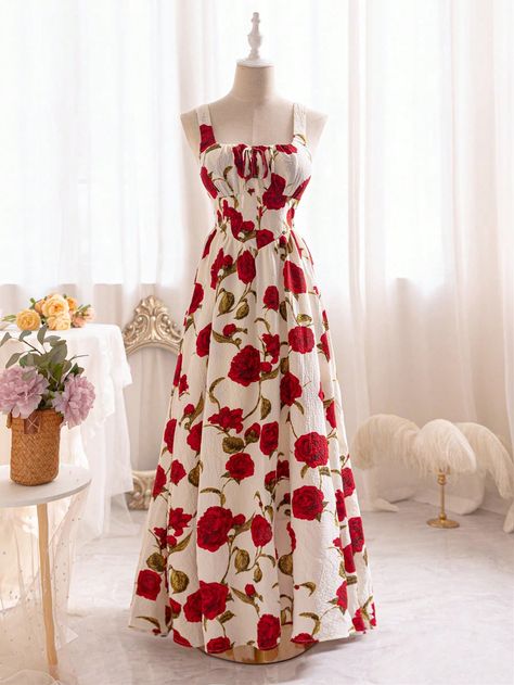 Women Spring/Summer Elegant Rose Printed Long Dress With Gathered Waist Multicolor Boho  Sleeveless Woven Fabric Floral,Plants,All Over Print A Line Non-Stretch  Women Clothing, size features are:Bust: ,Length: ,Sleeve Length: Floral Gowns Long, Vestido Shein, Printed Long Dress, Floral Corset, Cute Dress Outfits, Expensive Clothes, Summer Elegant, Korean Fashion Women, Printed Long Dresses