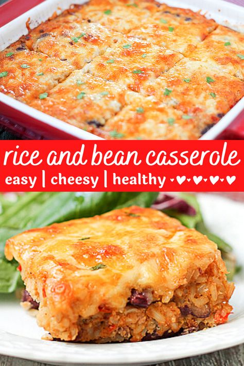 a dish of rice and bean casserole. Rice And Beans Casserole, Vegetarian For A Crowd, Rice Casserole Recipes Vegetarian, Vegetarian Dump Meals, Bean Hotdish, Healthy Vegetarian Casserole, Beans And Rice Casserole, Bean And Rice Casserole, Rice And Bean Casserole