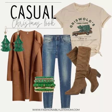 This is such a cute Christmas outfit! Fashionablylatemom Boots Straight legged jeans Blazer Graphic t-shirt #LTKHoliday #LTKstyletip #LTKSeasonal Casual Holiday Outfits Christmas, Casual Holiday Outfits, Christmas Attire, Holiday Outfits Christmas, Cute Christmas Outfits, Christmas Look, Fashionably Late, Christmas Outfits Women, Fashion Family