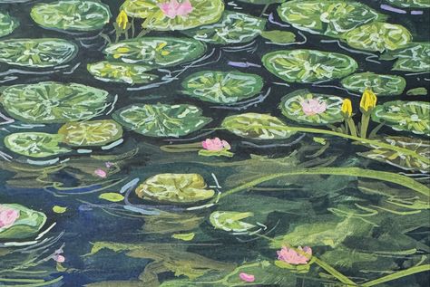 Lilypads 🪷 🌷Paint: @miyaarts HIMI gouache 🪷Paper: @archespapers hot pressed watercolour paper ❀ #gouachepainting #gouache #paintingart #painting #landscapepainting #landscapes #natureartwork #nature #lilypads Lily Pads Drawing, Lily Pad Painting, Harmony Painting, Dreamlike Landscape, Stretched Canvas Painting, Art Supplies List, Pond Painting, Lake Painting, Monet Paintings