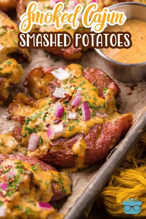 Cajun Smashed Potatoes, Sides To Go With Smoked Turkey, Side Dishes For The Smoker, Fall Smoked Meat, Smoker Football Food, Meals With Smoked Chicken, Smoked Main Dishes, Potato Smoker Recipes, Smoked Red Potatoes