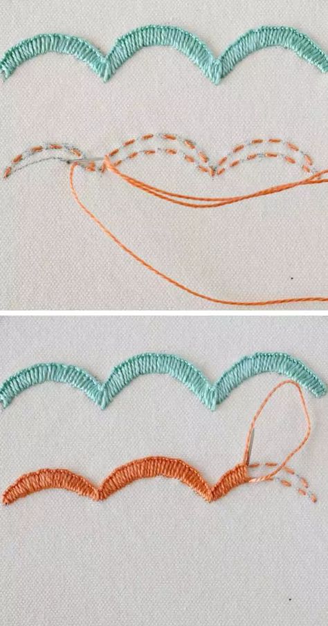 Scallop stitch Scallop Stitch, Scallop Embroidery, Basic Hand Embroidery Stitches, Embroidery Border, Embroidery Online, Visible Mending, Embroidery Flowers Pattern, Wedding Flower Decorations, Edge Stitch