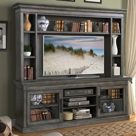 Gracie Oaks Tennison Entertainment Center for TVs up to 88" | Wayfair Grey Entertainment Center, Wood Entertainment Center, Entertainment Wall, Tv Stand Console, Living Room Entertainment, Flat Panel Tv, Parker House, Storage Display, Entertainment Furniture