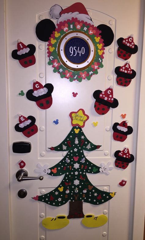 Disney Cruise Christmas decorated cabin door. Christmas Disney Door Decorations, Disney Cruise Cabin Door Decorations Ideas, Disney Cruise Christmas Door Decorations, Disney Cruise Line Christmas Door Decorations, Christmas Cruise Door Decorations, Disney Cruise Cabin Door Decorations, Disney Merrytime Cruise Door Decorations, Disney Cruise Christmas, Merrytime Disney Cruise Door