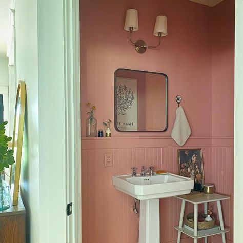 Green Family Rooms, Vintage Paint Colors, Pink Powder Room, Powder Room Paint, Peach Rooms, Monochromatic Room, Pink Paint Colors, Historic Colours, Wit And Delight