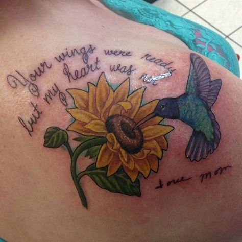 Tattoo Sunflower, Sunflower Tattoo Shoulder, Floral Thigh Tattoos, Remembrance Tattoos, Bird Flying, Sunflower Tattoos, Hummingbird Tattoo, Memorial Tattoos, Diy Tattoo