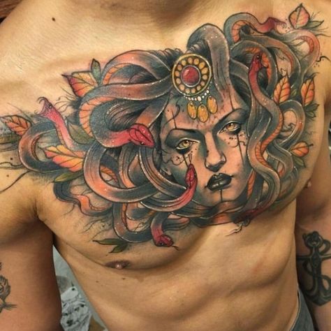 Medusa Chest Tattoo Men, Medusa Tattoo Chest, Colour Tattoo Men, Medusa Chest Tattoo, Naomi Tattoo, Chest Tattoo Clouds, Chest Tattoo Female Upper, Medusa Tattoos, Medusa Tattoo Design