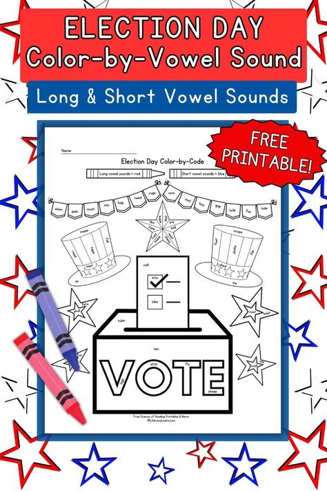 Are your students practicing long vowel sounds this fall? Get this fun and FREE color-by-code printable worksheet where students must color in Election Day imagery as they identify long or short vowel sounds in written words. Code Picture, Consonant Le, Open Syllables, Closed Syllables, Long Vowel Words, Syllable Types, Decodable Readers, Long Vowel Sounds, Sound Free