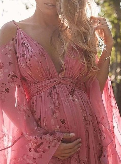 Dress For Pregnant Women, Bohemian Dresses Long, Print Chiffon Maxi Dress, Pink Strapless Dress, Spring Maxi Dress, Maternity Dresses For Photoshoot, Floral Print Dress Long, Baby Shower Dresses, Bohemian Maxi Dress