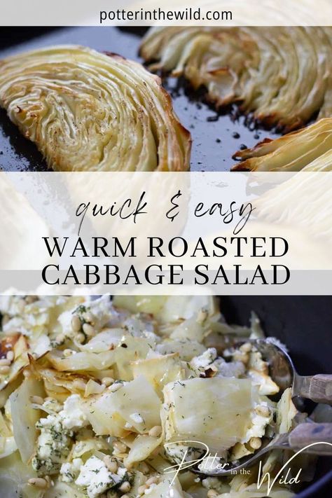 This quick and easy warm roasted cabbage salad is the perfect winter vegetarian recipe! Roasted green cabbage, warm feta cheese, toasted pine nuts, a sprinkle of red pepper flakes, and a refreshing dill dressing. It’s a filling, nutritious, and budget-friendly salad that’s incredibly easy to make! You will love this salad for a simple lunch or easy side dish for dinner. Winter Vegetarian Recipes, Cabbage Salad Recipe, Cabbage Steaks, Cabbage Salad Recipes, Dill Dressing, Roasted Cabbage, Vegetarian Cabbage, Toasted Pine Nuts, Cabbage Salad