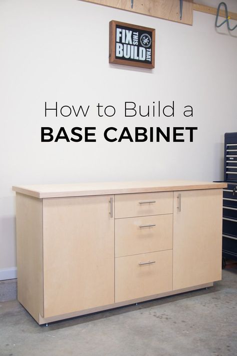 How to build a base cabinet with drawers and pull out trays.  This DIY cabinet can work as garage storage, shop organization or even as a kitchen base cabinet.  Full build video and plans inside! Building Kitchen Cabinets, Diy Cabinet, Kitchen Base Cabinets, Cabinet With Drawers, Cabinet Plans, Garage Storage Systems, Kabinet Dapur, Shop Cabinets, Diy Drawers