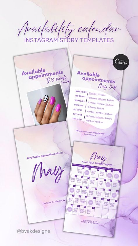 Instagram Story Calendar - Purple Watercolor Availability Schedule Instagram Story Calendar, Nail Suite, Available Appointments, Waxing Tips, Nail Business, Appointment Calendar, Home Nail Salon, Diva Nails, Lash Tech