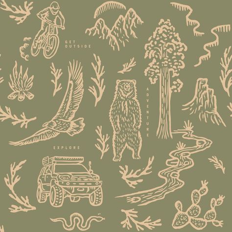 Adventure Awaits (Green) - Hand Drawn Outdoors Inspired Peel and Stick Wallpaper– WALL BLUSH Adventure Awaits Wallpaper, Nature Iconography, Camping Aesthetic Wallpaper, Camp Wallpaper, Nature Graphic Design, Cabin Wallpaper, Orange Peel Wall Texture, Wall Blush, Camping Wallpaper