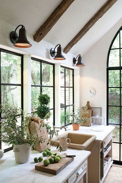 Kitchen windows, ceiling, counters Kitchen Windows, Lots Of Windows, Steel Windows, Remodel Kitchen, Christmas Break, Hus Inspiration, Modern Farmhouse Kitchens, Design Del Prodotto, House Beautiful