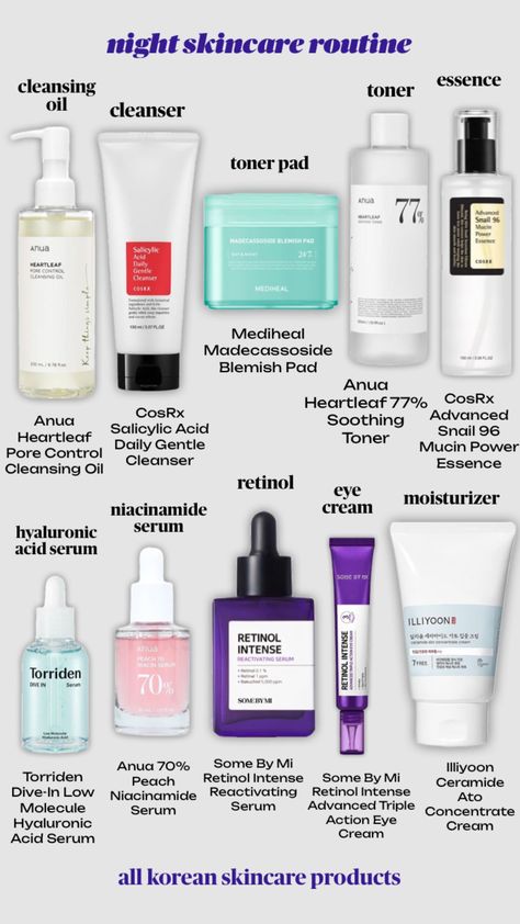 PM Skincare Routine #skincare #beauty #koreanskincare #koreanbeauty #nightroutine #selfcare #skincareproducts Korean Night Skincare Routine, Pm Skincare Routine Order, Bodycare Routines, Korean Skincare Routine Products, Pm Skincare Routine, Pm Skincare, Korean Skin Care Secrets, Haut Routine, Skin Care Basics