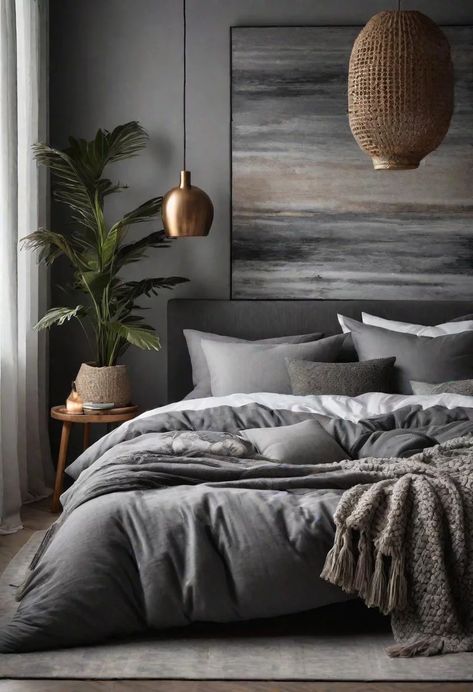 47 Stunning Grey Bedroom Ideas for An Elegant Bedroom Design 24 Neutrals And Grey Bedroom, Neutral Grey Bedroom Ideas, Bedroom Corner Bed Ideas, Charcoal Gray Bedroom Ideas, Grey Toned Bedroom, Grey Bedroom Aesthetic Ideas, Gray Colors For Bedrooms, Grey Platform Bedroom Ideas, Moody Bedroom Light Walls