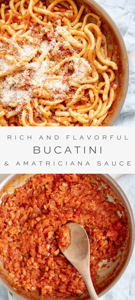 Easy Bucatini Recipes, Italian Sauces, Pancetta Pasta Recipes, Recipes With Pancetta, Bucatini Recipes Simple, Amatriciana Pasta, Pasta Amatriciana Recipe, Arabiata Sauce Recipe Pasta, Bucatini Recipes