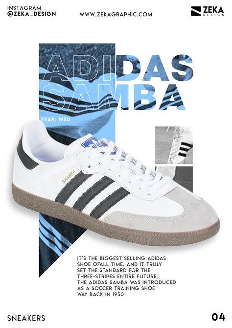 Adidas Samba minimalist Editorial design poster from Sneakers Poster Series by Zeka Design, Check the link to discover the entire graphic poster design collection and get best graphic design inspiration! Creative editorial design inspiration and creative poster art ideas. Poster made using digital collage and adobe Photoshop. Check my graphic design portfolio for more art inspiration and minimalist design projects. #sneakers #fashion #design #art Creative Graphic Design Inspiration Apparel Advertising Design, Footwear Graphic Design, Sneakers Banner Design, Graphic Design Shoes, Adidas Design Graphic, Adidas Poster Design, Adidas Moodboard, Adidas Graphic Design, Sneaker Graphic Design