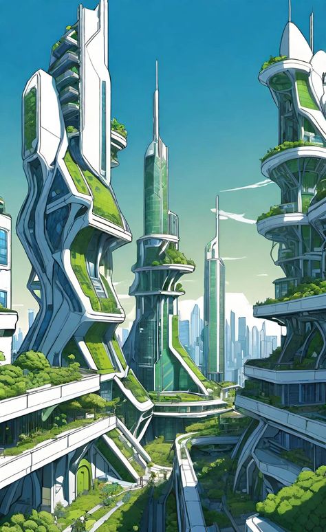 Green Building Design Concept, Future Buildings Architecture, Future Town Drawing, Futuristic Alien City, Aetherpunk City, Solarpunk Landscape, Solarpunk Building, Green City Drawing, Future City Concept Art