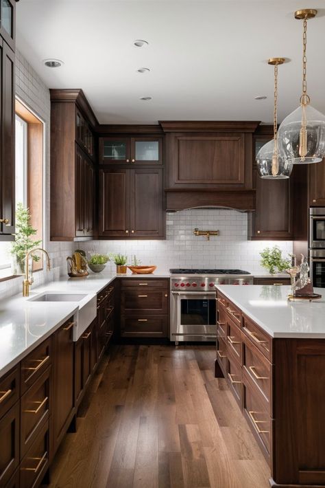 Modern Walnut and White Kitchen: Timeless Elegance Meets Contemporary Chic Walnut Cabinets White Countertops, Walnut And White Kitchen, Kitchen Walnut Cabinets, Walnut Cabinets Kitchen, Kitchen Timeless, Walnut Kitchen Cabinets, Dark Wood Kitchen Cabinets, Kitchen Vibes, Warm Wood Tones