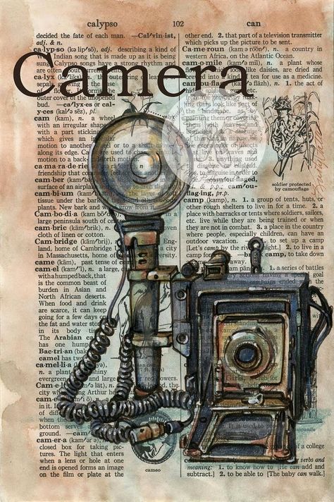 18-Camera-Kristy-Patterson-Flying-Shoes-Art-Studio-Dictionary-Drawings-www-designstack-co Stary Papier, Studio Camera, Mixed Media Drawing, Media Drawing, Shoes Art, Etiquette Vintage, Newspaper Art, Camera Art, Book Page Art