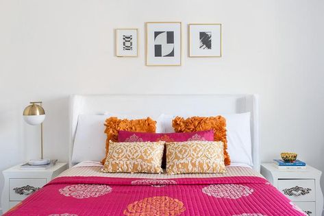 Orange Accent Pillows, Bright Pillows, Orange Bedding, Dressing Ideas, Wingback Bed, Medallion Print, Transitional Bedroom, White Comforter, Orange Accents