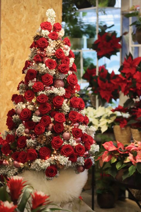 She gives us something exceptionally special this season, a Christmas tree decorated with Porta Nova Red Naomi roses. The Christmas tree is the most favourite centrepiece decoration in many Finnish homes, a perfect combination with delicious and traditional Christmas food to create a warm and cozy Christmas ambience. Red Flower Christmas Tree, Christmas Tree With Red Roses, Christmas Tree With Roses, Christmas Tree With Flowers, Roses Christmas Tree, Red And Pink Christmas, Christmas Tree Floral, Rose Christmas Tree, Christmas Ambience