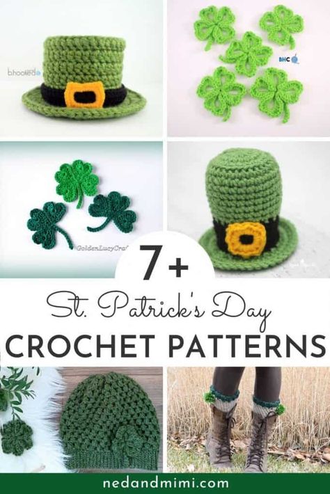 St. Patrick's Day Crochet Patterns | Ned & Mimi St Patricks Day Crochet, Bernat Super Value Yarn, St Patricks Day Hat, St. Patrick's Day Diy, Puff Stitch Crochet, Crochet Boot Cuffs, St Patricks Crafts, St Patrick's Day Crafts, Holiday Crochet