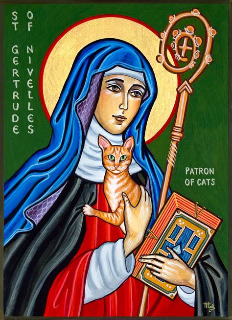 Saint Gertrude of Nivelles: Patron Saint Of Cats – CatGenie Gertrude Of Nivelles, Patron Saint Of Cats, St Gertrude, Gato Angel, Medieval Ages, Hey Man, Byzantine Icons, Greek Orthodox, Cat Person