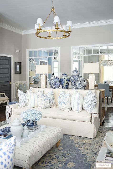 LIVING ROOM SPRING DECOR IN BLUE + WHITE | CITRINELIVING Color Schemes 2023, Living Room Spring Decor, Chinoiserie Living Room, Blue And White Living Room, Blue And White Pillows, Blue Living Room Decor, Blue White Decor, Living Room Color Schemes, White Living