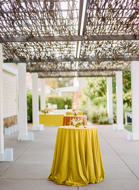 La Tavola Fine Linen Rental: Velvet Golden and Velvet Tamarind | Photography: Rebecca Yale Photography, Planning & Design: Simone Lennon Events, Florals: Loop Flowers, Venue and Catering: Solage Calistoga, Rentals: Theoni Collection and Standard Party Rentals, Lighting: Got Light, Paper Goods: Yonder Design Bright Fall Wedding, Theoni Collection, Cocktail Table Decor, White Cocktail Tables, Spaghetti Dinner, Citrus Wedding, Velvet Wedding, Yellow Wedding Flowers, Wedding Tablecloths