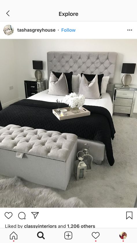 Black Silver Bedroom, Black And Grey Bed, Grey Bed Black Bedding, Grey White And Black Bedroom, Grey Velvet Bedroom Ideas, Grey Tufted Bed Bedroom Ideas, Grey Bed Decor, Dark Gray Tufted Headboard Bedroom, Grey And Black Bedroom