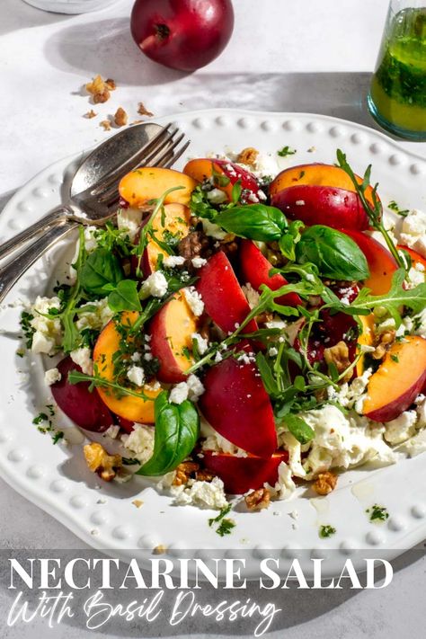 Nectarine salad on a large white plate. Nectarine Salad, Amazing Salads, Basil Vinaigrette, Grilled Halloumi, Easy Salad, Small Food Processor, Salad With Sweet Potato, Sugar Snap Peas, Easy Salad Recipes