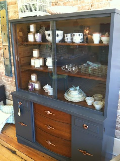 adourn: mid-century hutch Modern Hutch Makeover, Mid Century Modern Furniture Redo, Refurbished Kitchen Tables, Mid Century Modern Hutch, Mid Century Modern China Cabinet, Mid Century Hutch, China Hutch Makeover, Modern China Cabinet, Painted China Cabinets