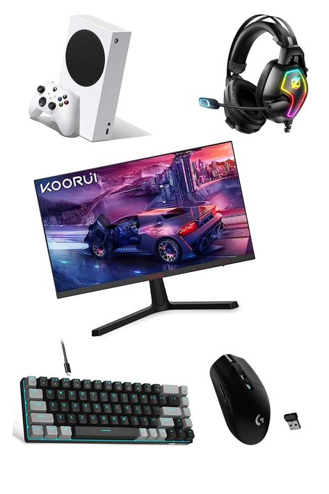 xbox series s, gaming headset with mic, gaming mouse with two extra side mouse buttons, gaming keyboard with RGB lighting, & an AV panel gaming monitor. Xbox Gaming Setup Bedroom, Xbox Setup Ideas, Xbox Gaming Room, Xbox Gaming Setup, Xbox Setup, Gaming Setup Bedroom, Setup Pc, Image Dbz, Anime Cover