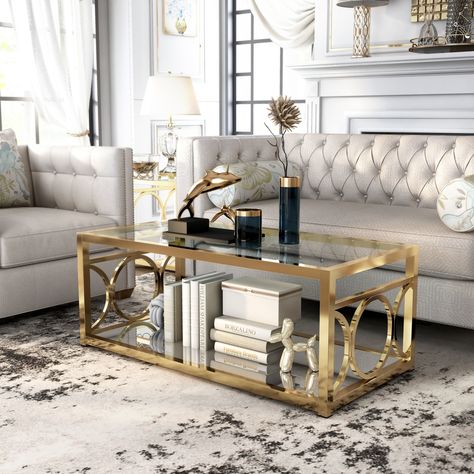 Pehrson Contemporary 47-inch Glass Top 1-Shelf Coffee Table by Silver Orchid - Bed Bath & Beyond - 11118665 Gold Mirrored Coffee Table, Table Sets For Living Room, Black And Gold Living Room Coffee Tables, Decor For Coffee Table Living Rooms, Glass Table Decor Living Rooms, Mirror Coffee Table Living Room, Glass Coffee Table Decor Living Room, Gold Coffee Table Living Room, Modern Coffee Tables Living Rooms