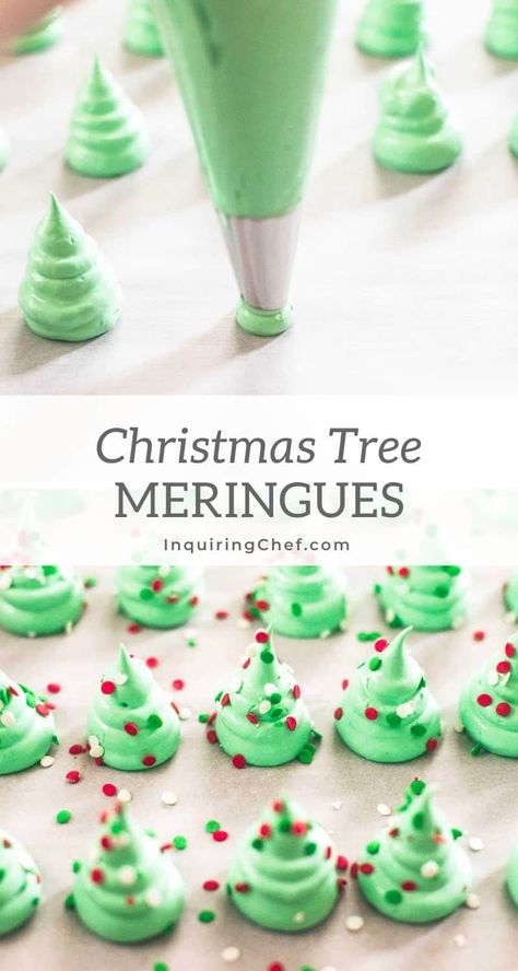 Christmas Tree Meringues are fun and easy to make. With a light, crunchy texture and topped with sprinkles, they are a festive addition to a holiday cookie plate. (Naturally dairy-free and gluten-free.) #Christmas #Christmascookies #ChristmasTree Mirangue Christmas Tree Cookies, Merangue Recipe Christmas Tree, Merengue Christmas Tree, Christmas Tree Mirangue, Christmas Merengue, Christmas Meringue, Meringue Cookie Recipe, Cookie Plate, Christmas Sprinkles