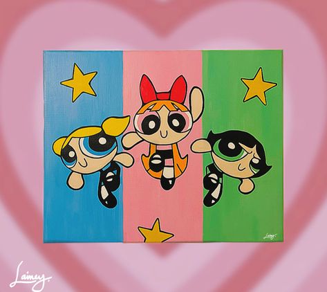 Acrylic Paint. Powerpuff Girls. Canvas. Cartoon Canvas Painting Power Puff, Powerpuff Girls Canvas Painting, Powerpuff Canvas Painting, Powerpuff Girl Painting, Power Puff Girls Painting, Powerpuff Drawing, Powerpuff Girls Painting, Cartoon Acrylic Painting, 90s Cartoon Canvas Painting