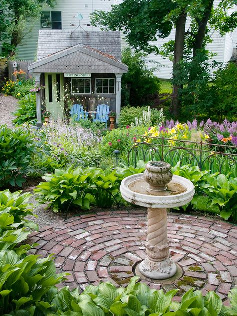 . Brick Patterns Patio, Brick Patio, Brick Walkway, Fountains Backyard, Small Fountains, Beautiful Yards, Brick Patios, Garden Cottage, Patio Ideas