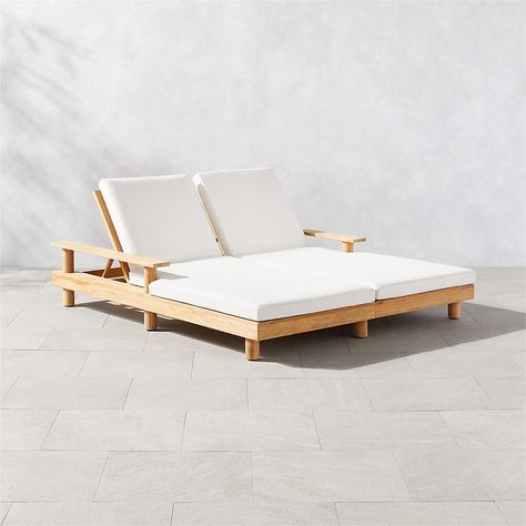 Pinet Modern Teak Outdoor Double Chaise Lounge with Textured White Cushions | CB2 Modern Outdoor Lounge Chair, Hotels In Tuscany, Double Chaise Lounge, Modern Outdoor Patio, Teak Lounge Chair, Summer Mantle, Pool Chairs, Outdoor Furniture Decor, Double Chaise