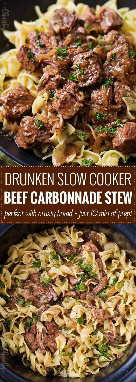 Drunken Slow Cooker Beef Stew (Beef Carbonnade) | Belgium comfort food, made easy in the slow cooker!  Beef stew made with plenty of sweet onions, herbs and beer... perfect over egg noodles, mashed potatoes, or with a crusty piece of bread! | The Chunky Chef | #beefcarbonnade #beefstew #comfortfoodrecipe #slowcookerrecipes #crockpotrecipes #crockpotbeefrecipes Beef And Pasta, The Chunky Chef, Stew Beef, Chunky Chef, Sweet Onions, Slow Cooker Beef Stew, Crockpot Recipes Beef, Crockpot Dishes, Fettuccine Alfredo