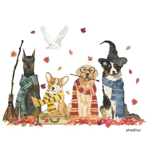 Looks like the sorting hat was in a dog mood this year! 🧙‍♂️🐾 Which house would your pup be in? 🐶🍂 Also, I realize that some of these breeds could cross houses, but sometimes it’s just about how the design lays out best you know?! I originally had a German shepherd in Gryffindor but you couldn’t see the glasses! #howloween #Hogwarts #sortinghat #happyhowloween #happyhalloween🎃 #happyfall #watercolorpainting #watercolour #intuitivepainting #dailydoseofpaper #anthrohome #designspiration #lo... The Sorting Hat, Halloween Wallpapers, Intuitive Painting, Sorting Hat, Halloween Dog, Nerdy Girl, Dog Illustration, Cat Costumes, Dog Halloween