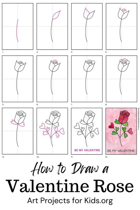 Learn how to draw a Valentine Rose with an easy step-by-step PDF tutorial. #howtodraw #tutorial #drawing #drawingtutorial #arttutorial #artprojectsforkids #howtodrawforkids #valentine #rose #valentinecard How To Draw Valentines Day Step By Step, How To Draw Valentines, How To Draw A Rose Step By Step Easy, Valentine’s Day Drawings Easy, How To Draw A Rose Step By Step, Draw Valentines Day, Valentines Drawings Ideas Easy, How To Draw A Rose, Rose Drawing Simple