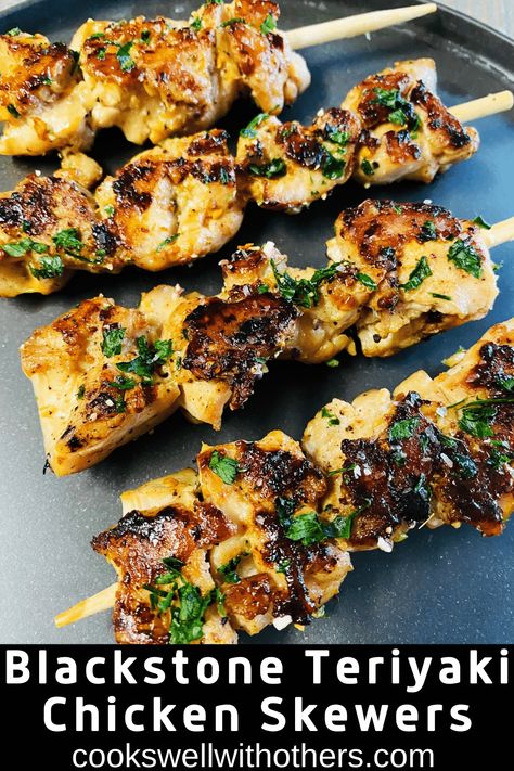 Blackstone Teriyaki Chicken Skewers - Cooks Well With Others Chicken On Skewers, Teriyaki Skewers, Outdoor Griddle Recipes, Hibachi Recipes, Griddle Cooking Recipes, Teriyaki Chicken Skewers, Outdoor Cooking Recipes, Cooking Stone, Flat Top Grill